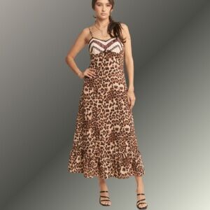 Davi & Dani - CHIC LEOPARD PRINTED LACE DETAIL TIERED RUFFLE MAXI SLIP DRESS